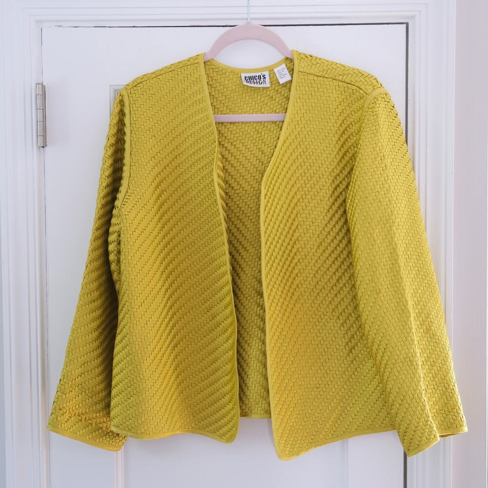Chicos Design Chartreuse 100% Silk Basketweave Open Front Jacket Sz 2/US 12